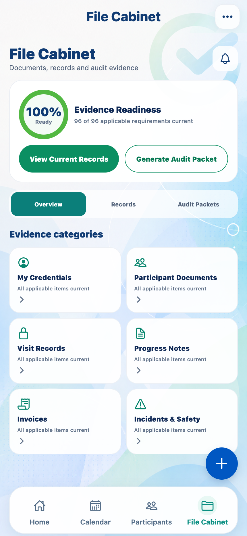 File Cabinet screen with organised records and no active alerts